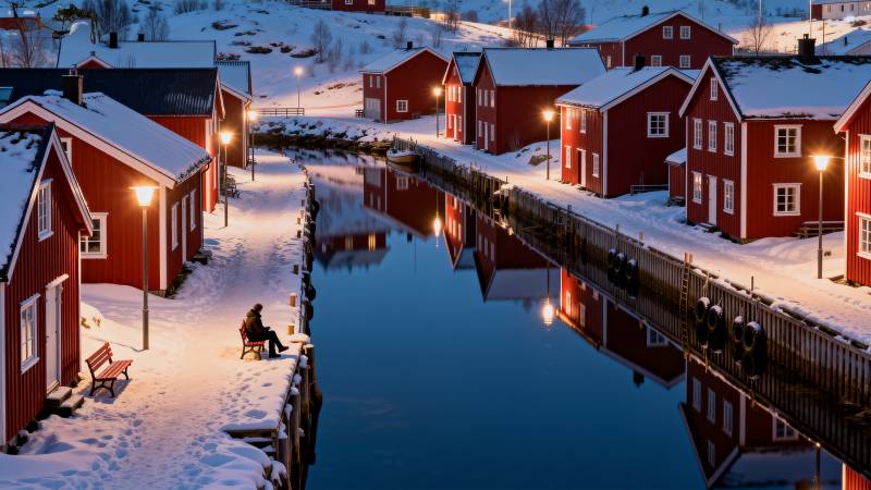 雪夜红屋映水影图片