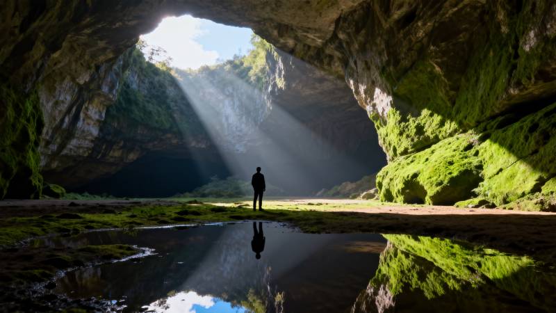 洞穴光影中的孤独身影图片