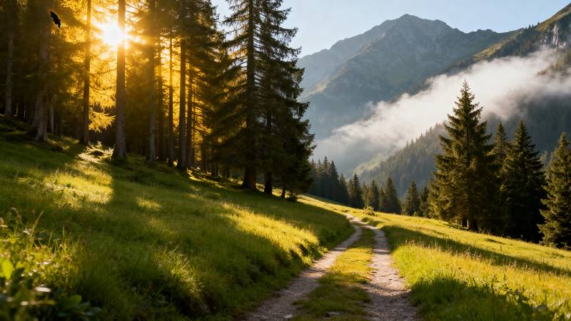 山间晨曦小径图片