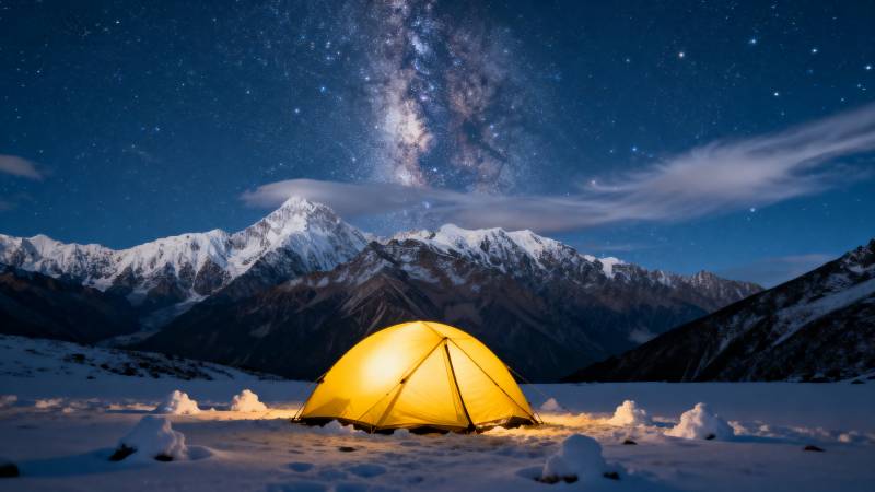 雪夜星空下的帐篷图片