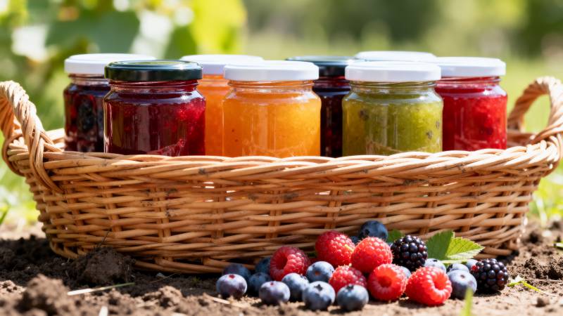 果酱篮子与新鲜浆果图片