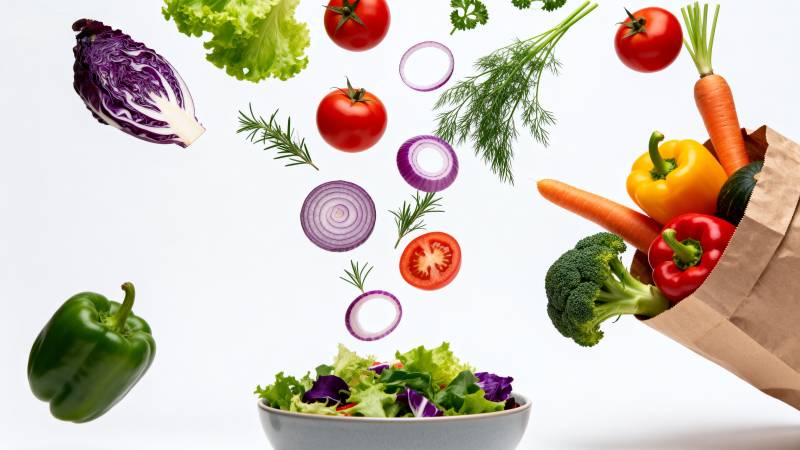 新鲜蔬菜飞入碗中图片