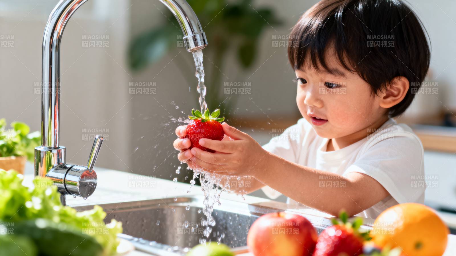 小孩洗草莓图片