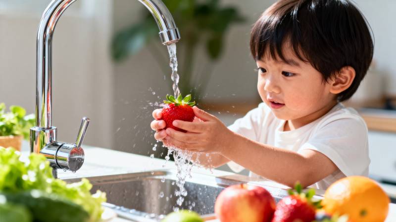 小孩洗草莓图片