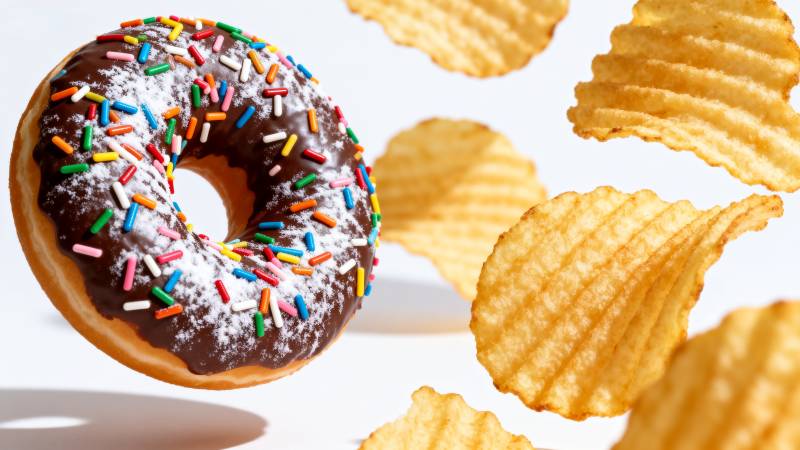 甜甜圈与薯片飞舞图片