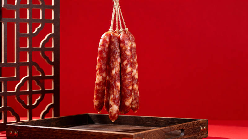 腊肠悬挂红背景图片