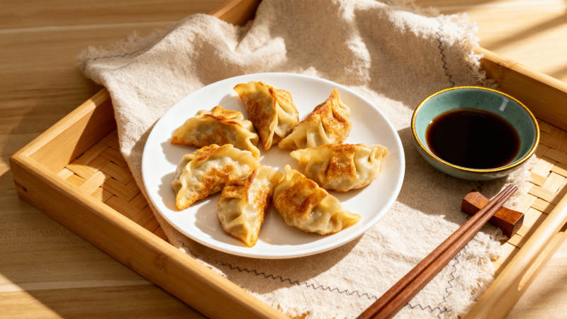 金黄煎饺配酱油图片