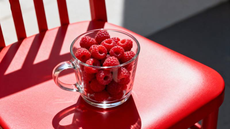 红椅上的覆盆子杯图片