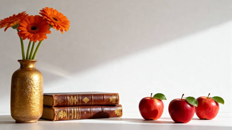 静物 花瓶 书与苹果图片