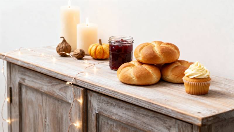 秋日面包与烛光图片