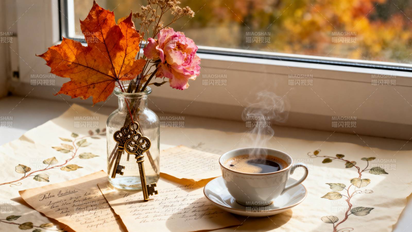 秋窗暖咖图片