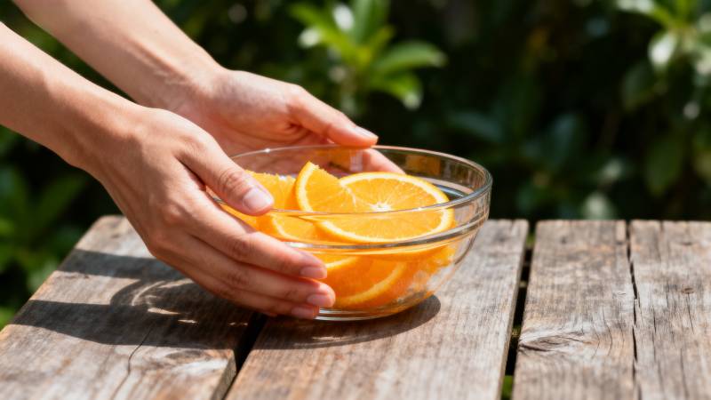 手捧橙片 阳光明媚图片