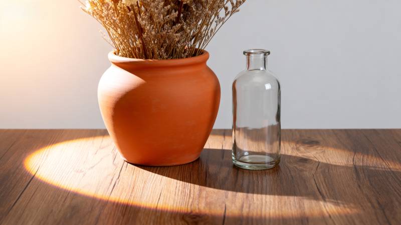 光影中的陶罐与玻璃瓶图片