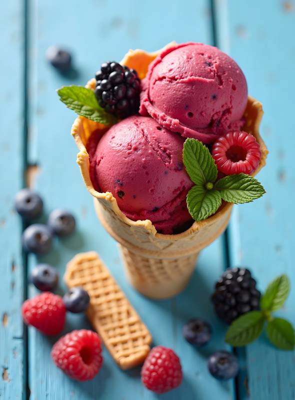 蓝莓覆盆子冰淇淋诱人美味图片