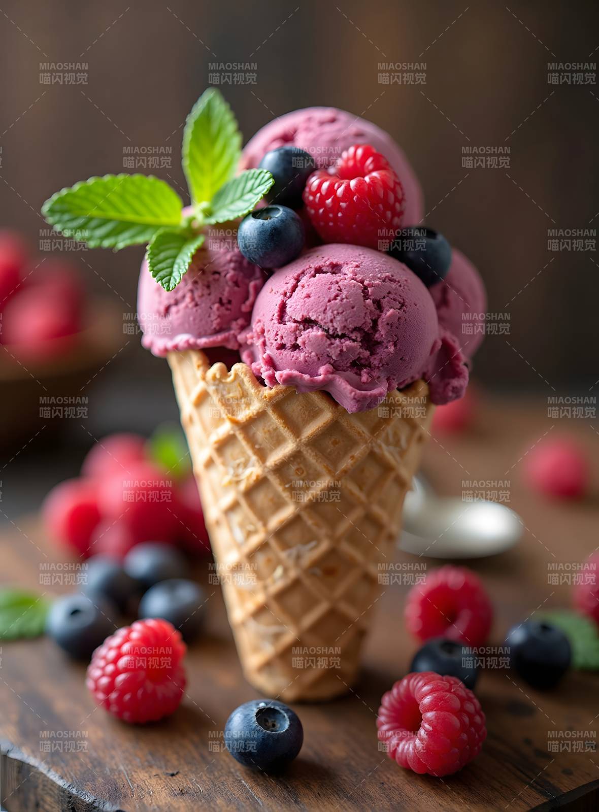 覆盆子冰淇淋配新鲜浆果图片