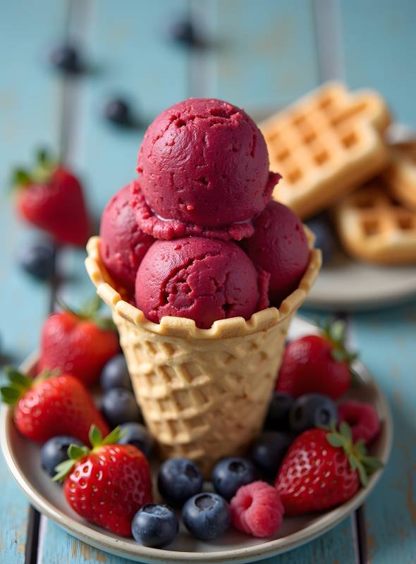 草莓冰淇淋配华夫饼图片