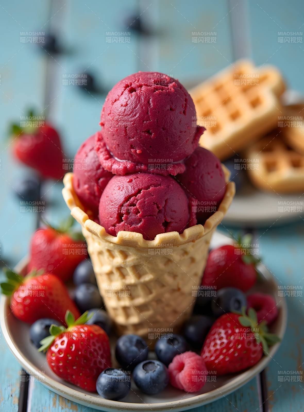 草莓冰淇淋配华夫饼图片