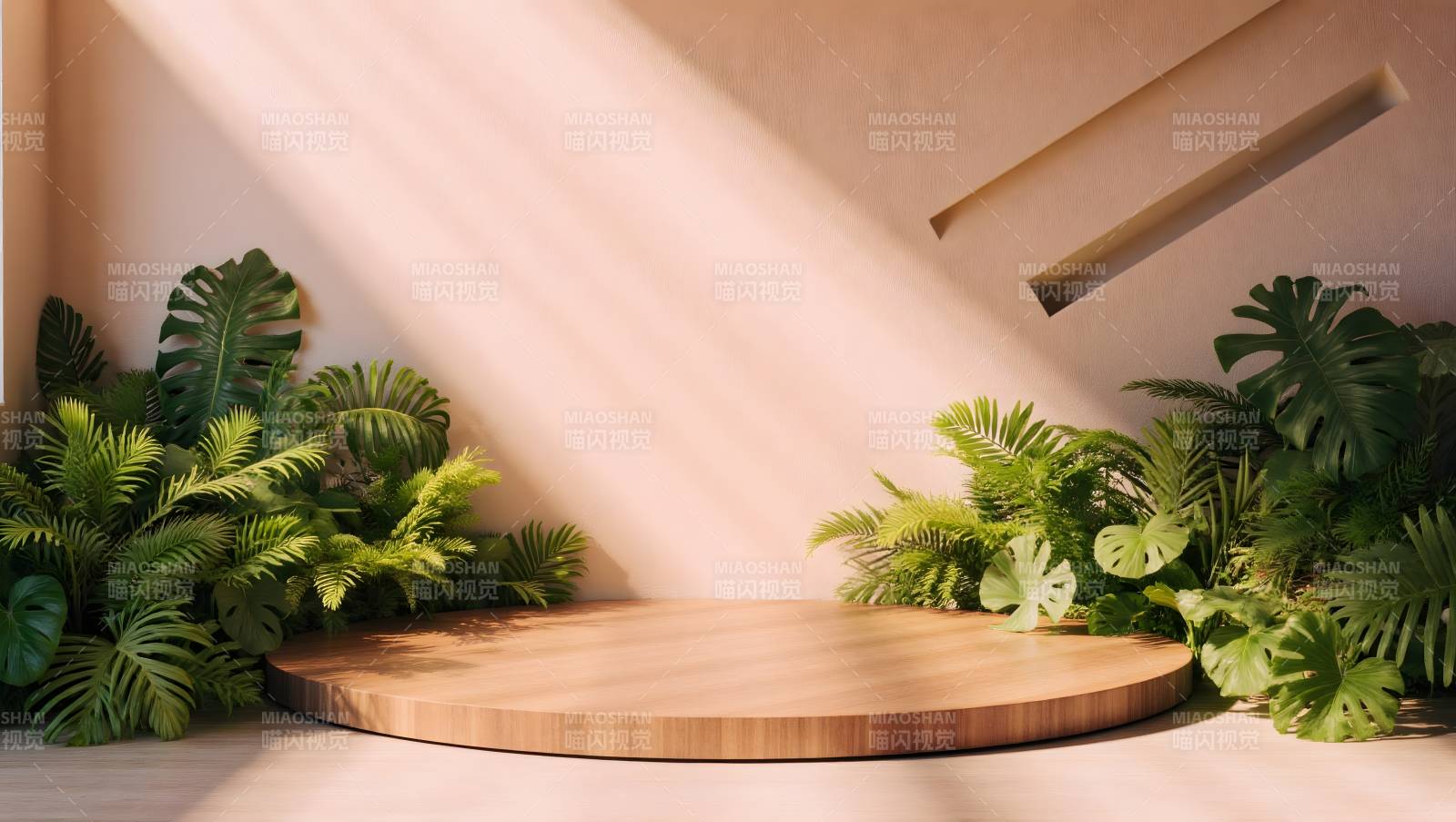 绿植环绕的木质台面图片