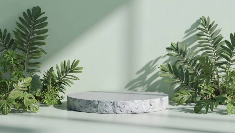 绿植环绕的大理石台图片