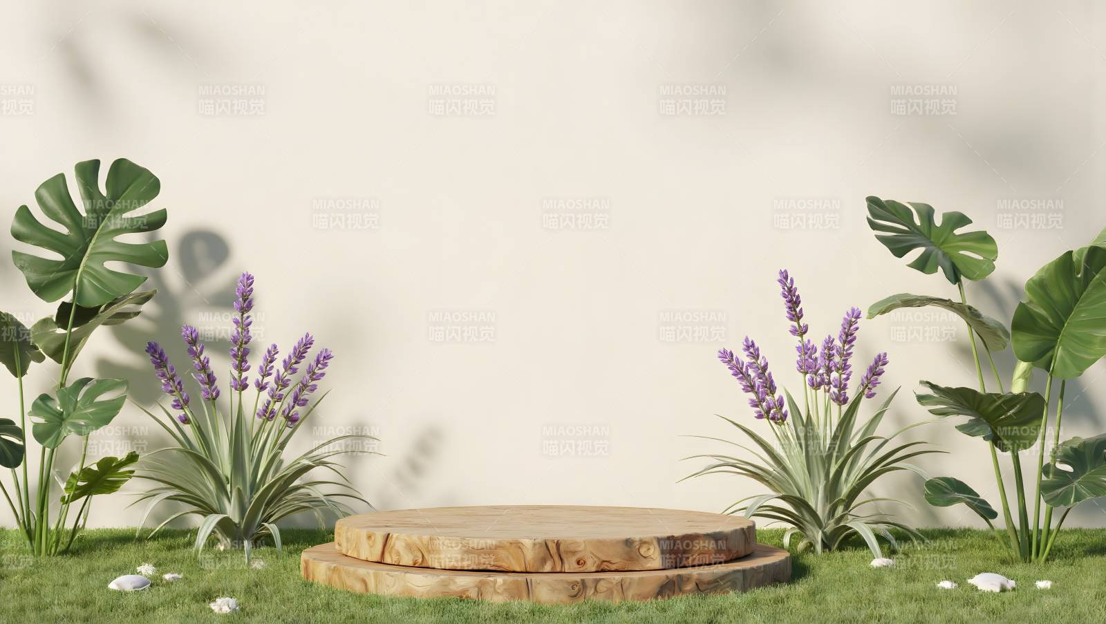 绿植环绕木质圆台图片