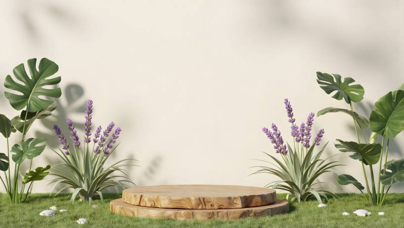 绿植环绕木质圆台图片