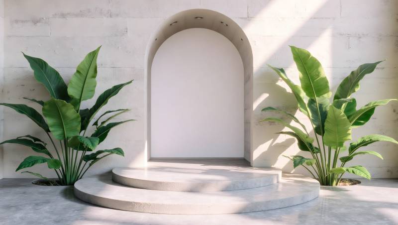 拱门台阶绿植对称景观图片