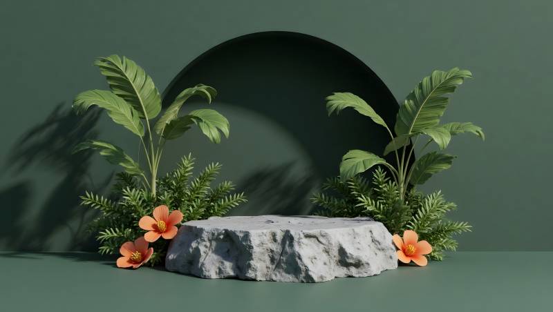 绿植环绕石台图片