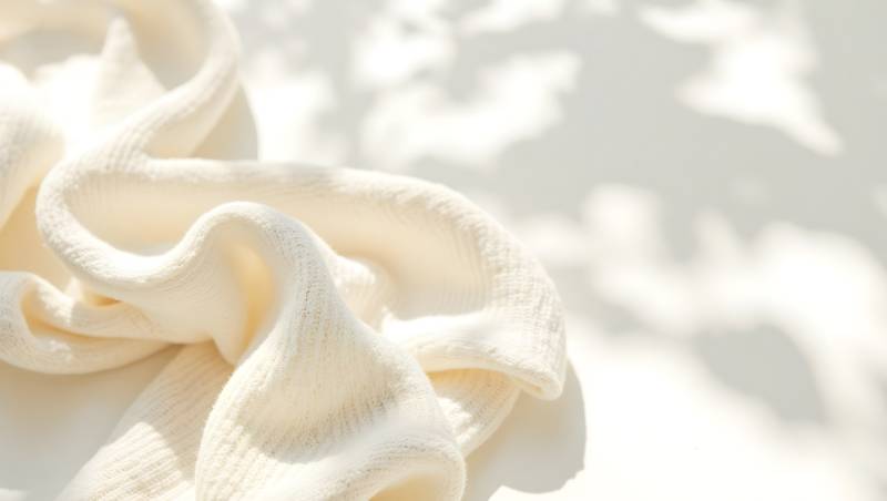 阳光下米色针织布料的纹理特写图片