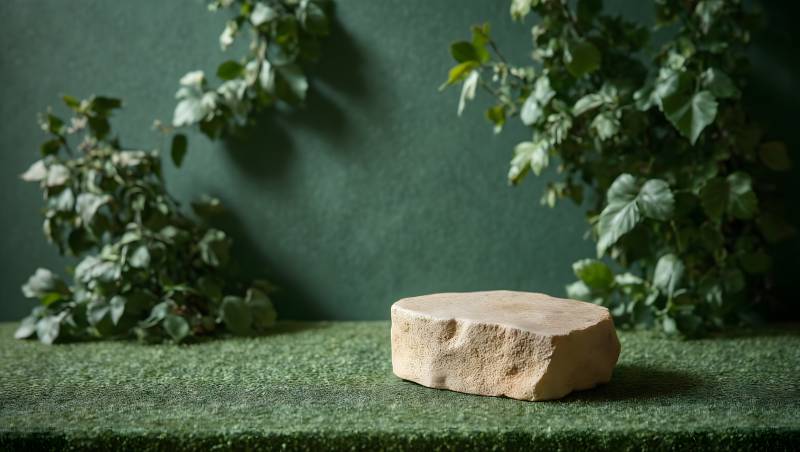 绿植环绕的石块图片