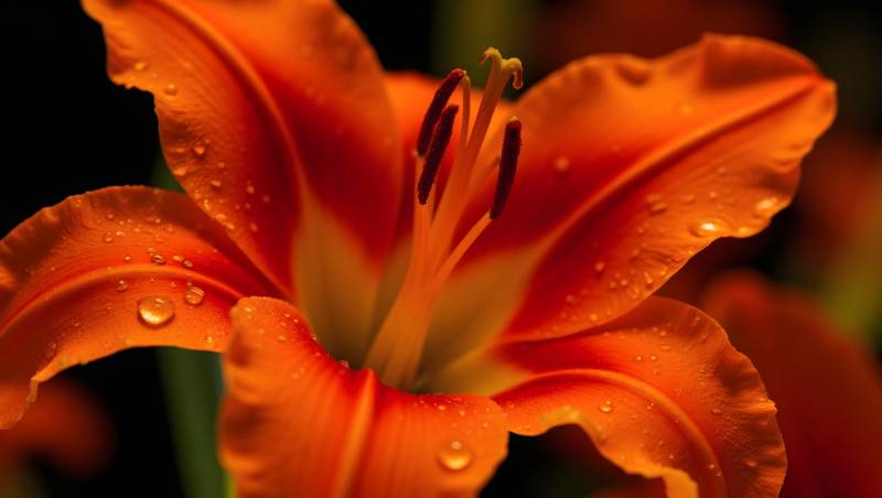 橙色百合花特写水珠点缀图片