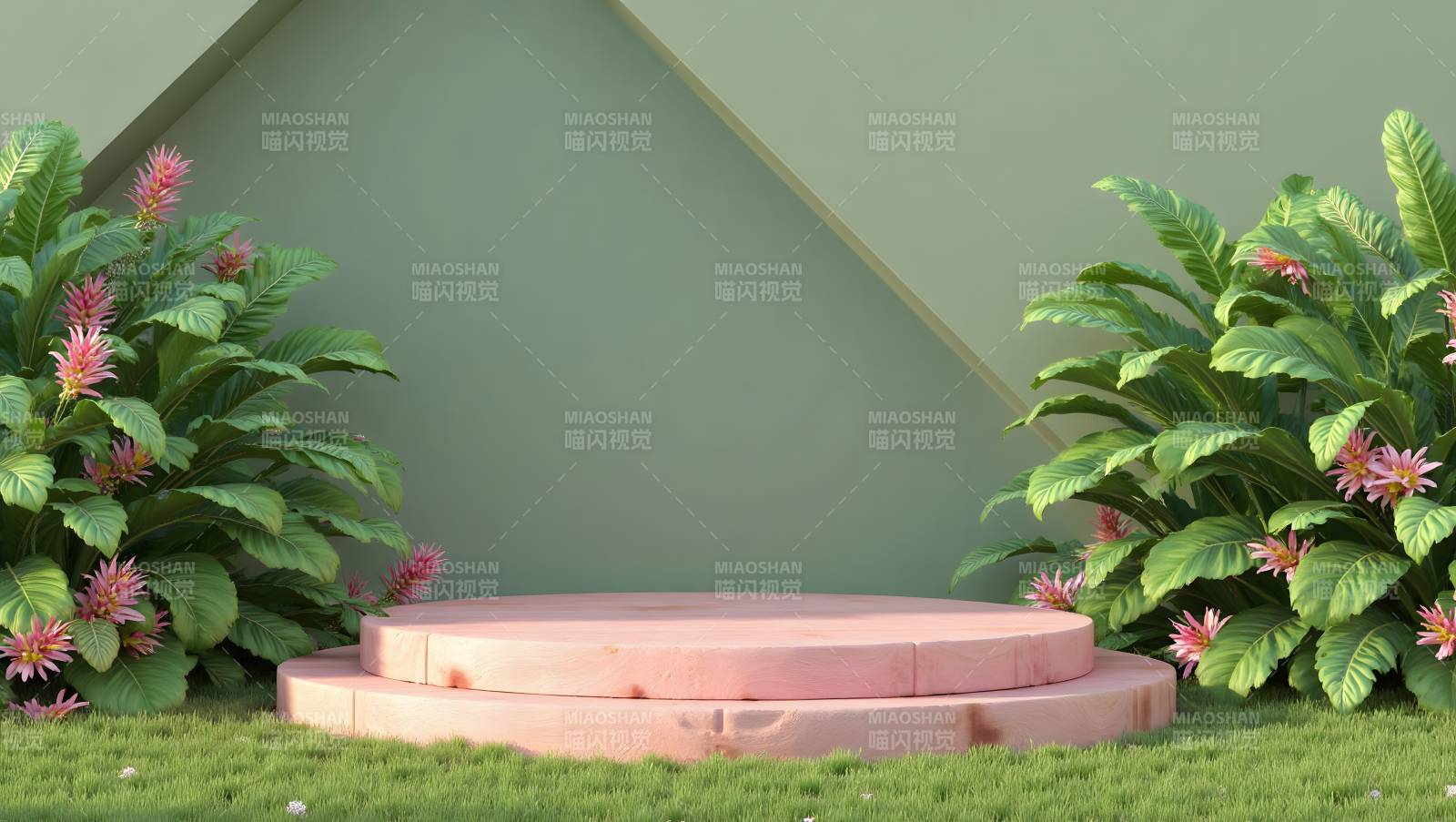 绿植环绕的粉色讲台图片