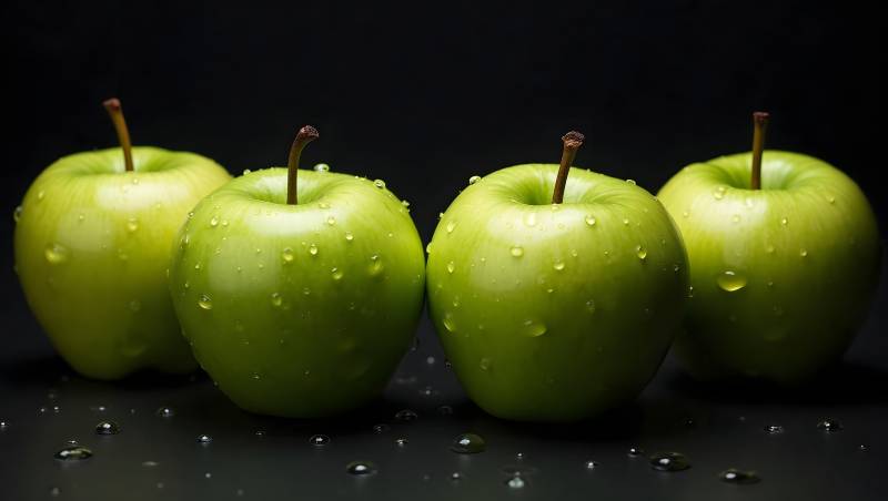 四颗青苹果水珠晶莹剔透图片