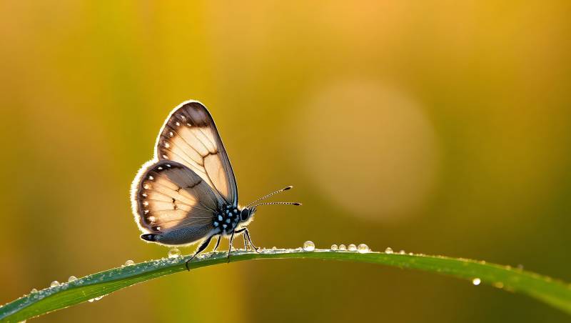 蝶栖绿叶露珠间图片