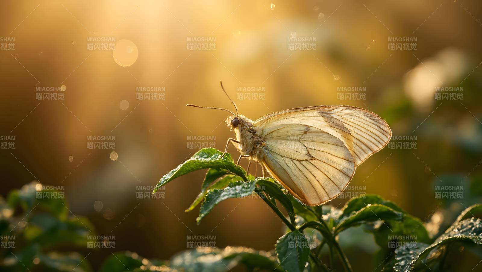 蝴蝶栖息绿叶上图片