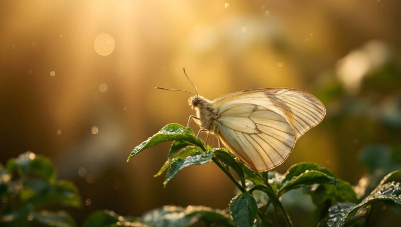 蝴蝶栖息绿叶上图片