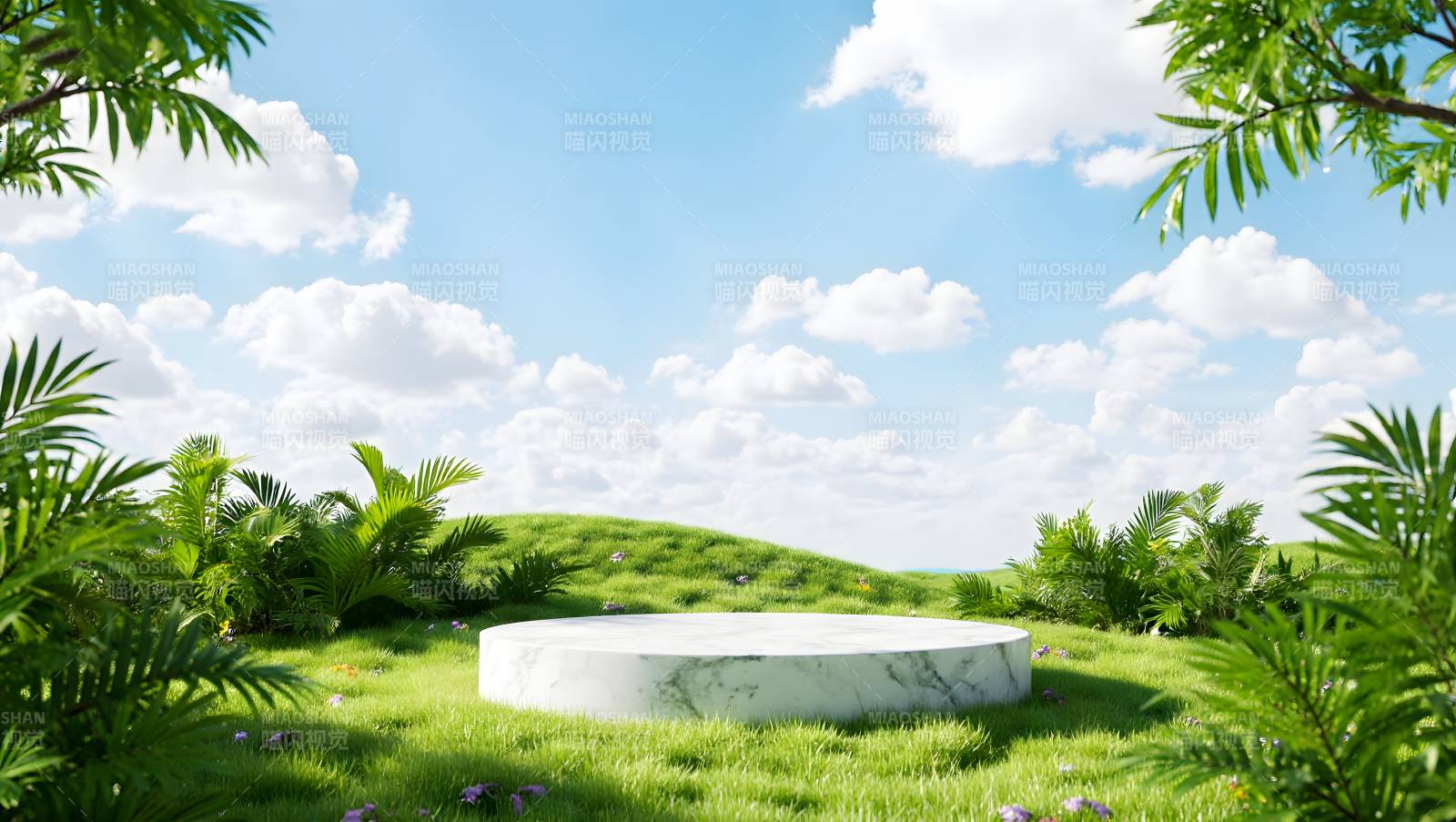 绿意盎然草地上的白色圆台图片