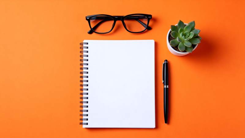 橙色背景上的文具与绿植图片