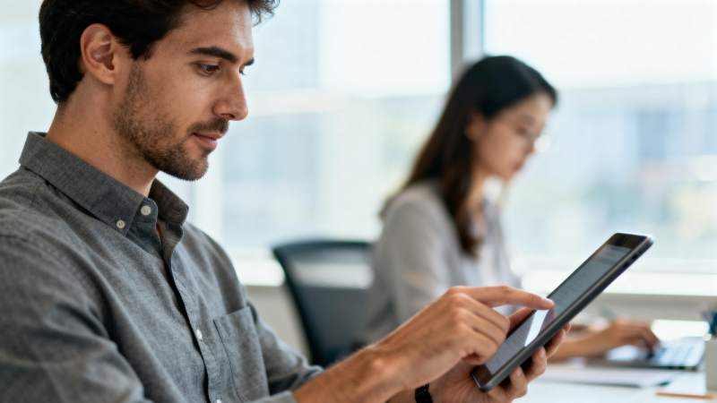 办公室职员专注使用平板电脑图片