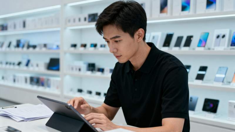 男子在电子产品店使用平板电脑图片