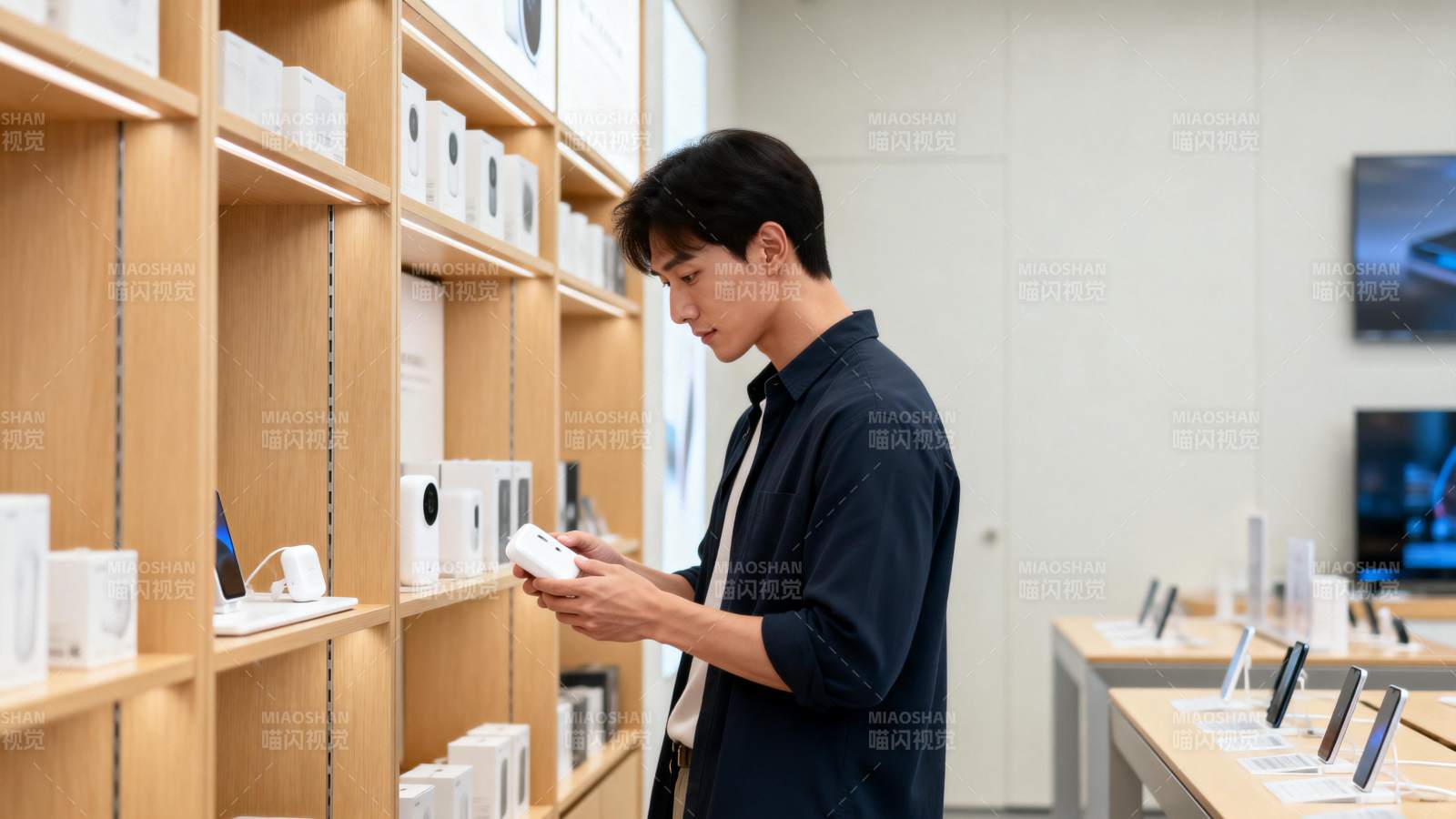 男子在电子产品店挑选商品图片