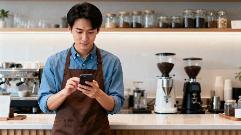 咖啡师专注看手机图片