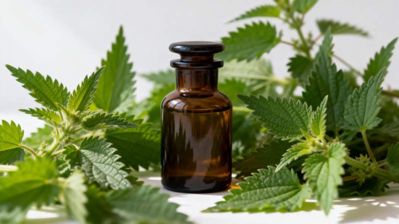 荨麻叶与棕色药瓶图片