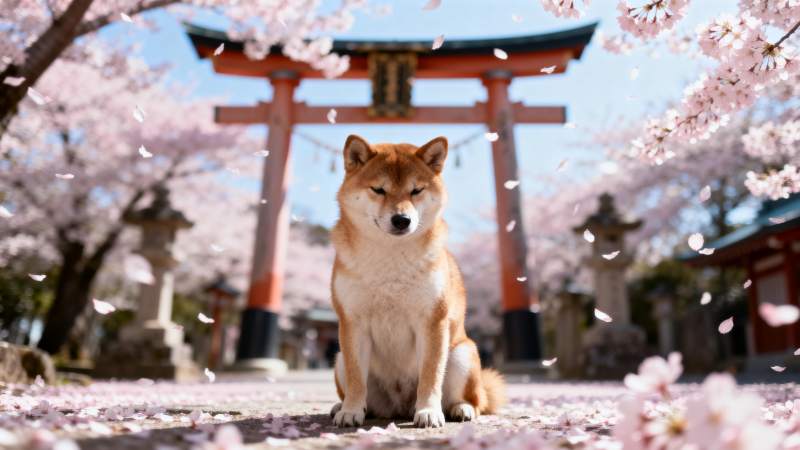 樱花下的柴犬图片