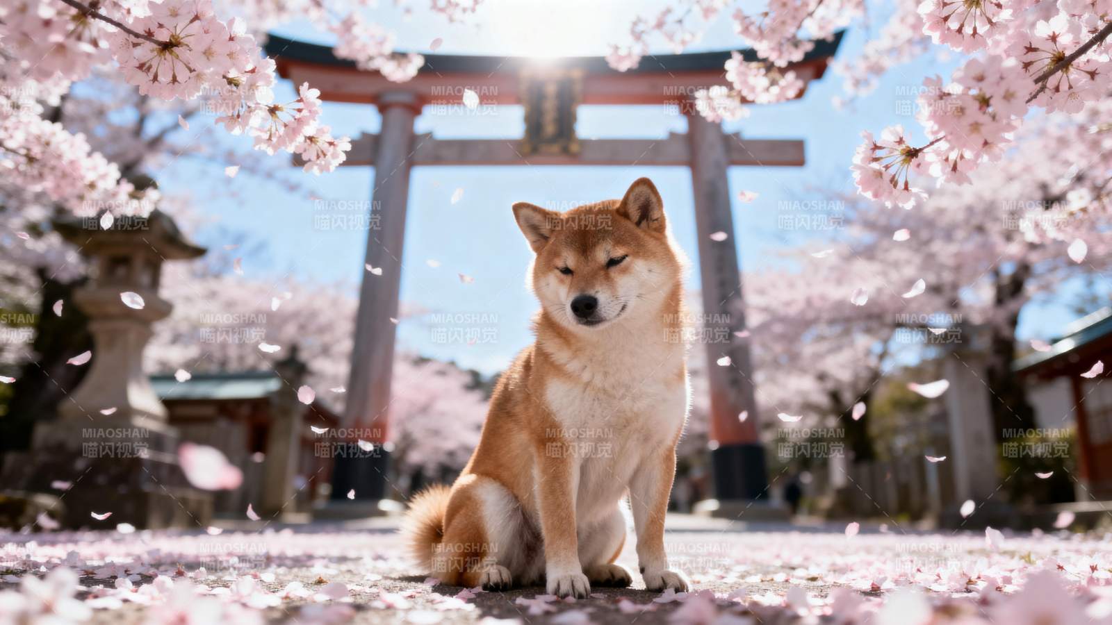 樱花下的柴犬图片