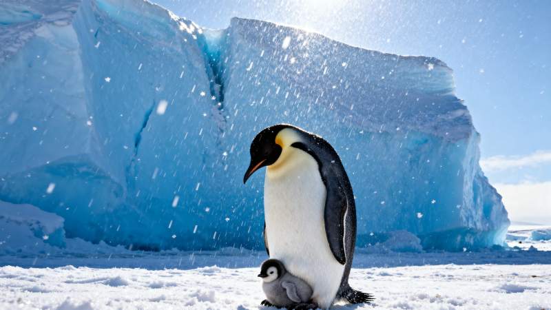 企鹅与幼崽雪中相伴图片