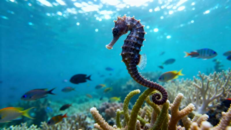 海马在珊瑚礁中游弋图片