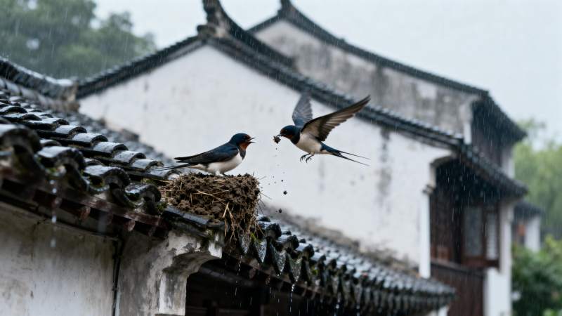 燕子雨中筑巢图片