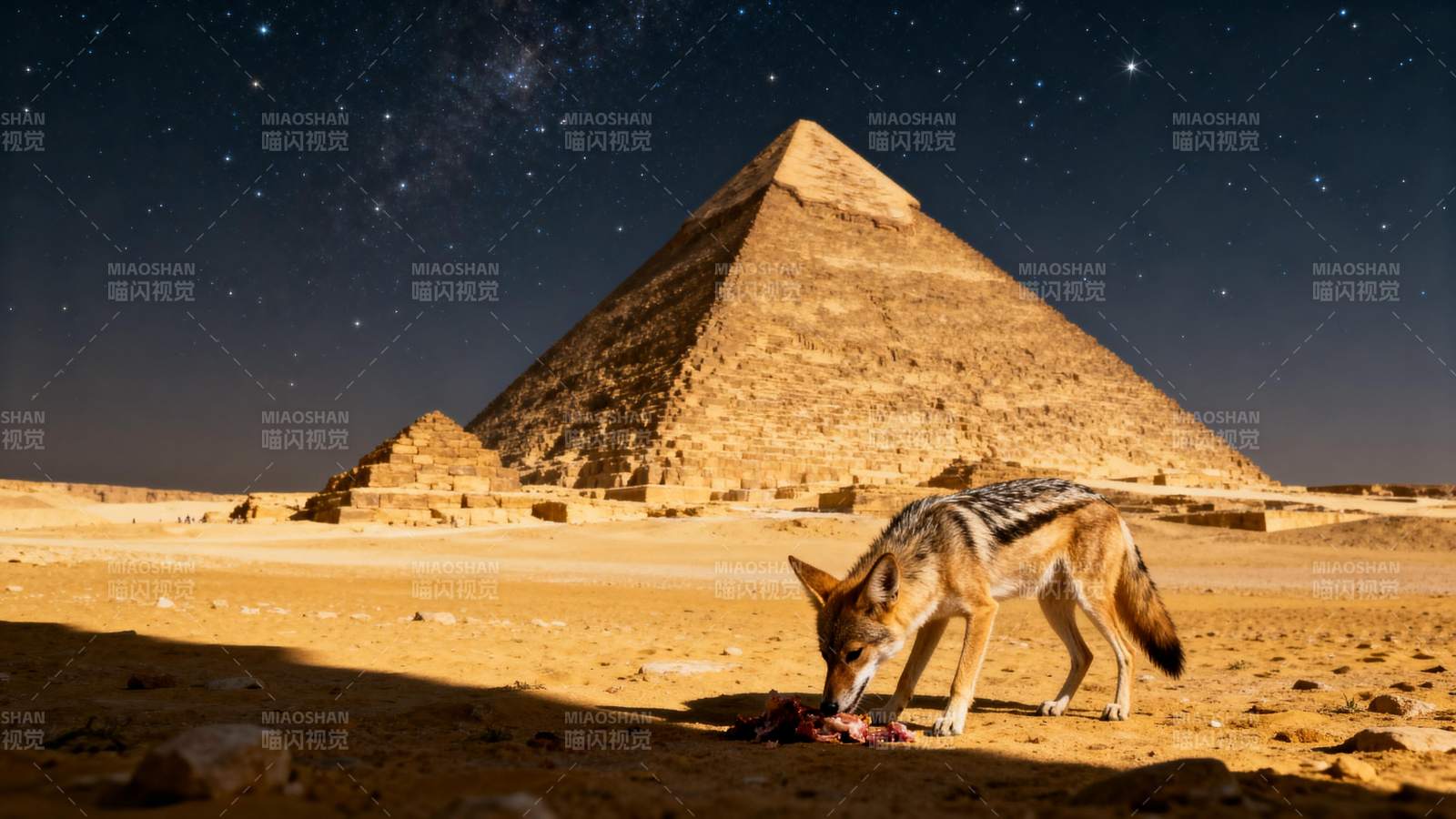 沙漠夜景金字塔与狐图片
