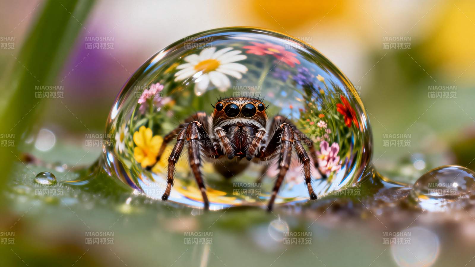 水珠中的跳蛛图片