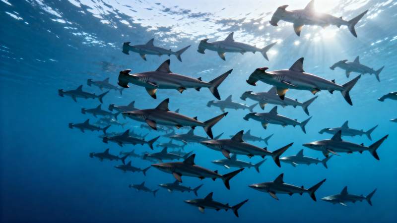 鲨鱼群游深海图片